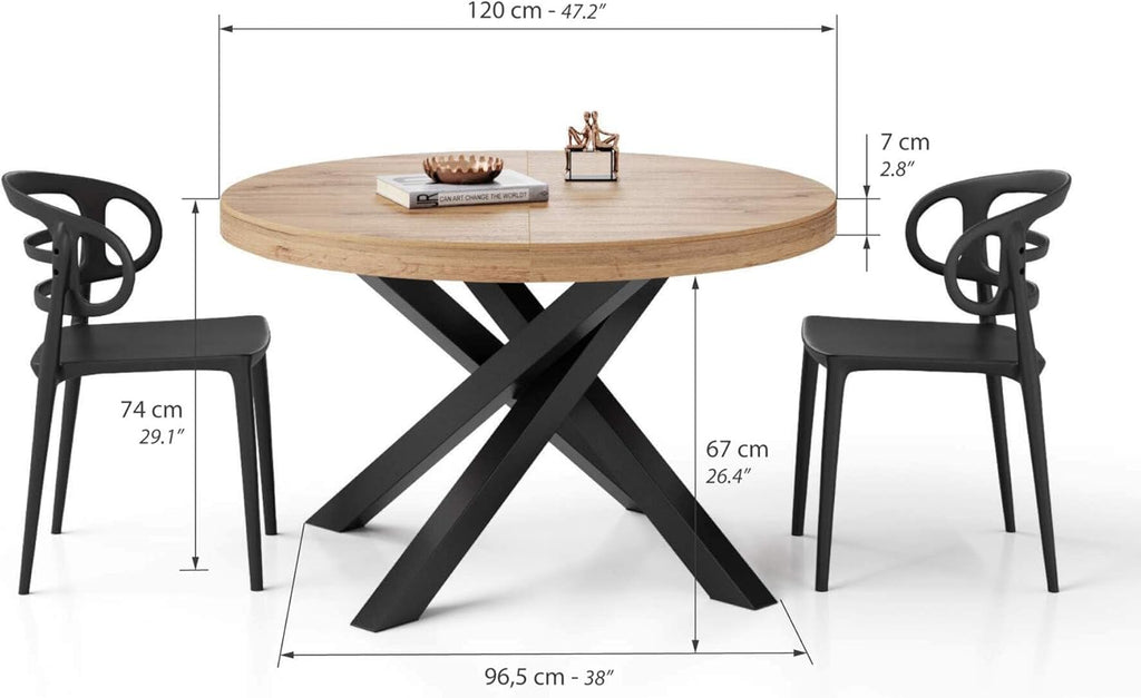 MOBILI FIVER, Mesa redonda extensible Emma, 120-160 cm, Roble rústico con patas cruzadas negras, Made in Italy