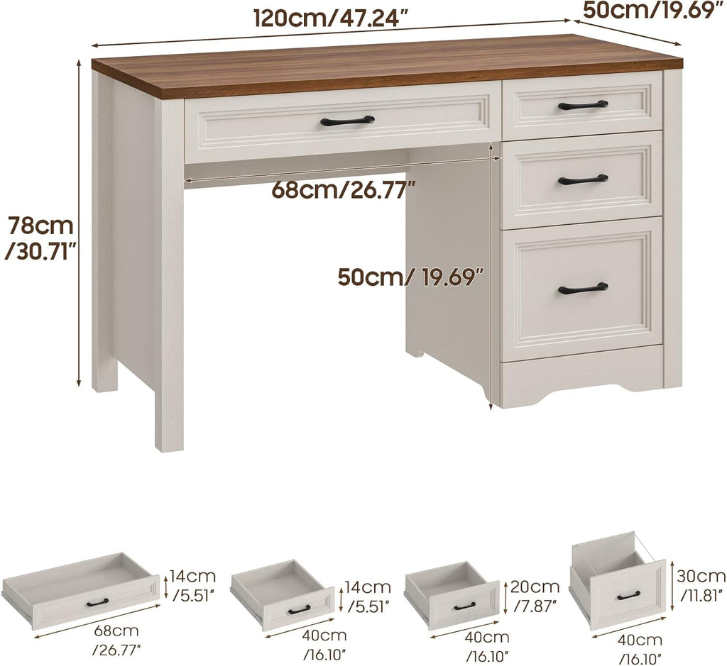 Escritorio BonVache con cajones de 120 cm, escritorio para computadora estilo granja con espacio de almacenamiento, mesa de oficina rústica de madera para oficina en casa, dormitorio y estudio, blanco
