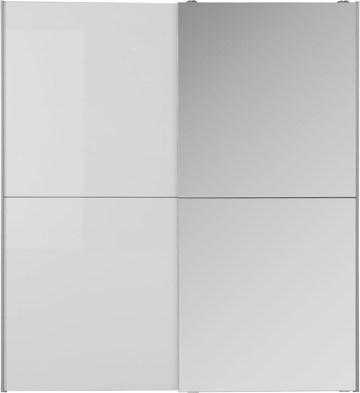 Armario Forte KAIKAIS 170, moderno armario de puertas correderas, 2 puertas, espejo, dormitorio, aglomerado de madera, blanco alto brillo, 170,3 cm de ancho x 190,5 cm de alto x 61,2 cm de profundidad