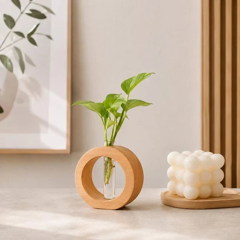 Jarrón redondo de tubo de ensayo de madera de nogal, maceta hidropónica con tubo de vidrio, decoración de escritorio escandinava