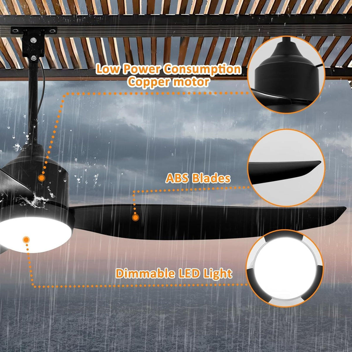 Ventilador de techo con iluminación y mando a distancia, resistente al agua IP65, ventilador de exterior regulable, lámpara de techo moderna con ventilador, ventilador silencioso con luz para dormitorio, balcón y exterior