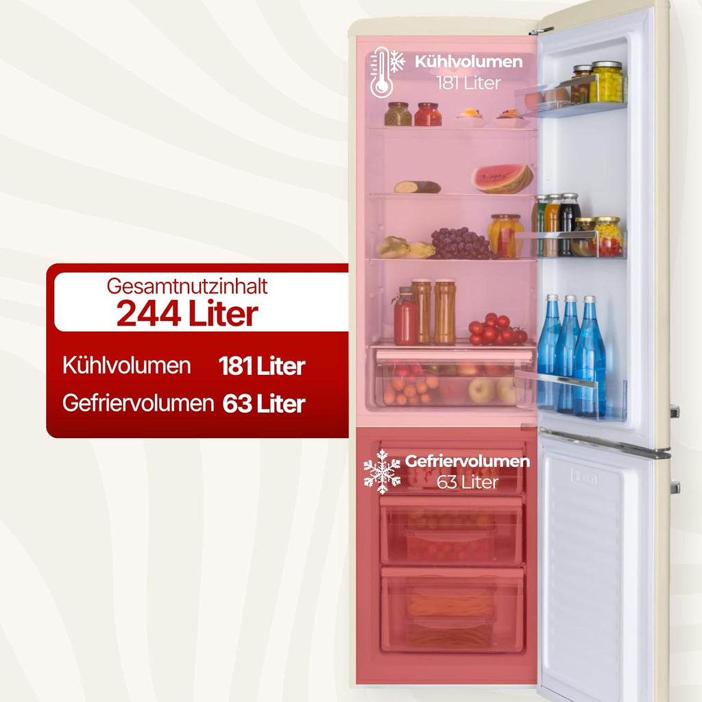 Frigorífico combi retro Amica 244 L 181 x 55 x 61,5 cm KGCR 387 101 B | 181 L frigorífico 63 L congelador, iluminación LED, descongelación automática, cristal de seguridad, botellero cromado, funcionamiento silencioso