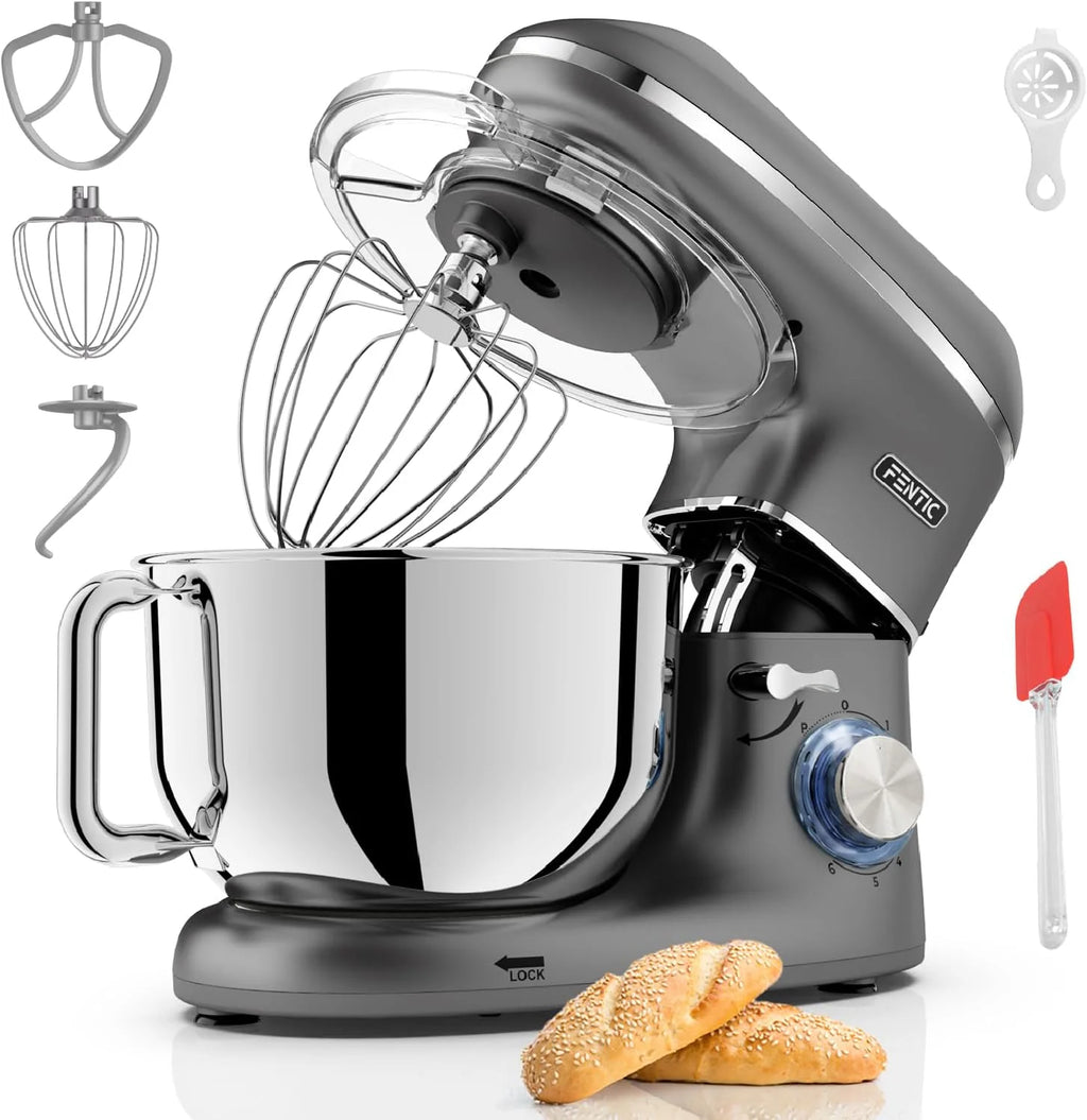 Robot kuchenny - 2000 W - miska do mieszania ze stali nierdzewnej (6,2 l) - mikser kuchenny z mieszania, hakiem do zagniatania, trzepaczką i ochroną przed pryskaniem - w zestawie