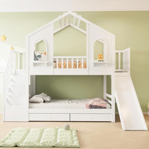 Cuna litera 90x200, cama alta en forma de casa con tobogán, escalera de almacenamiento, 2 cajones, ventanas y tejado, litera cama doble de madera con somier y protección anticaídas, pino, sin colchón, blanco