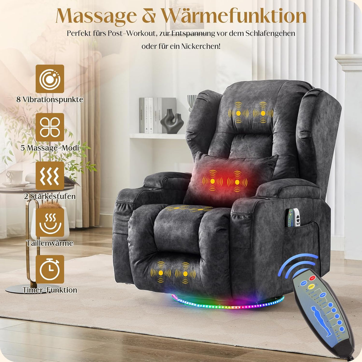 Sillón reclinable eléctrico, sillón relax con función de tumbona, sillón giratorio 240°, sillón de cine, sillón de masaje con función de calor, sillón de TV para salón hasta 150 kg (tejido de terciopelo, gris)