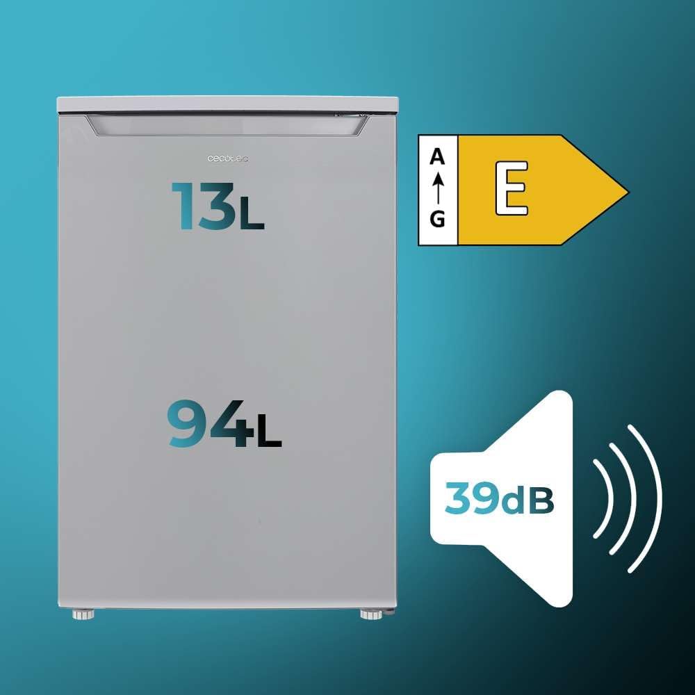 Minirefrigerador Cecotec 107 L Bolero CoolMarket TT 107 Inox, Clase Energética E, Ahorro de Energía, Puerta Reversible, Bajo Nivel Sonoro, Cajón Congelador.