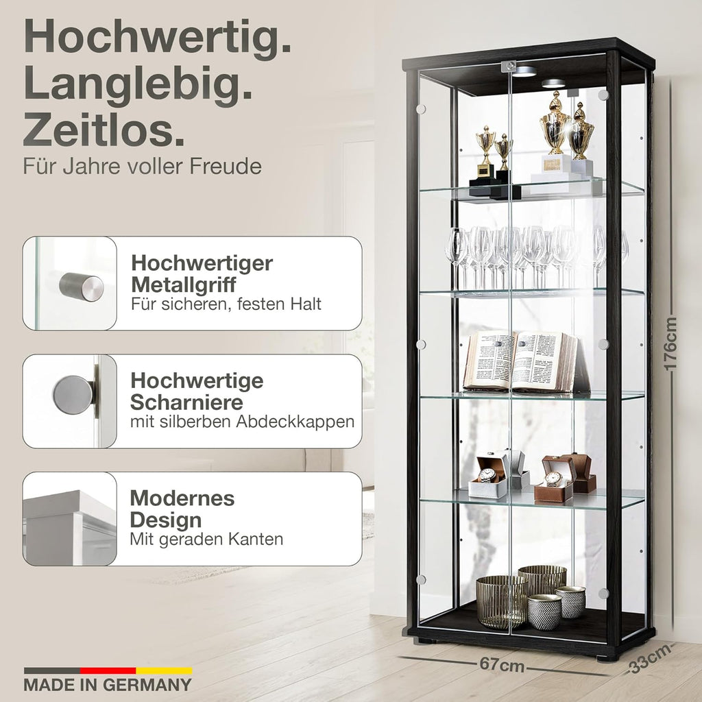 Vitrina de cristal de 2 puertas (176x67x33 cm) - Fabricada en Alemania - Vitrina de pie negra con 4 estantes de cristal ajustables, espejo, cerradura y LED - Vitrina de cristal de pie - Coleccionista