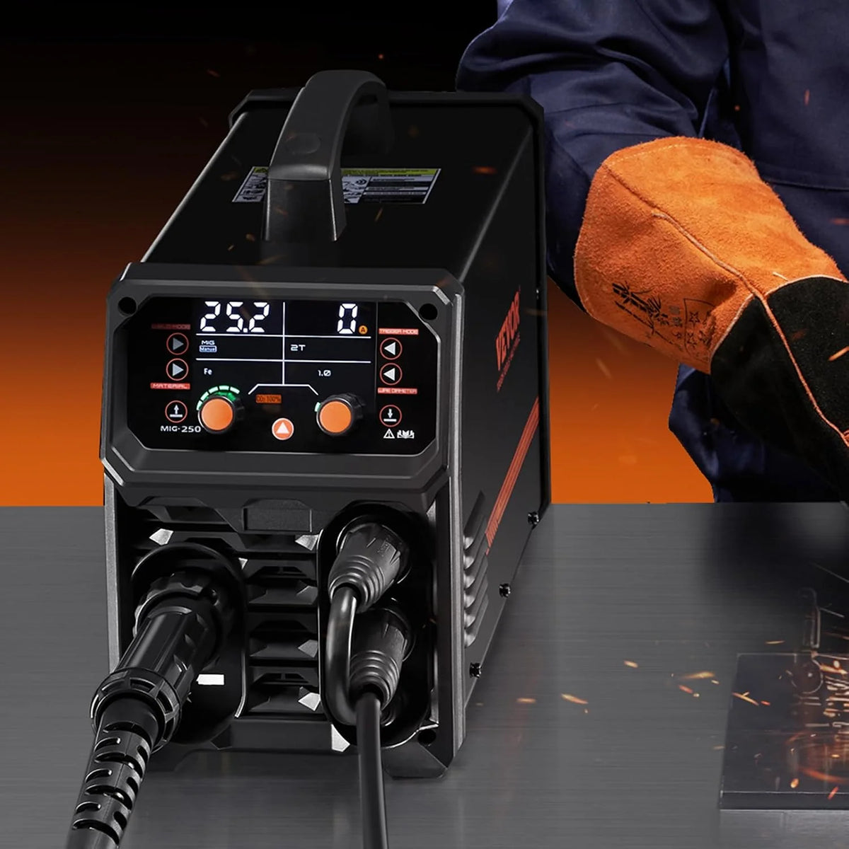 VEVOR Spawarka MIG, 250 A, spawarka synergiczna, przenośna spawarka gazowa MIG, bezgazowa, MMA, 5 w 1, z technologią Inverter IGBT, wyświetlacz LCD, latarka podnosząca TIG nie wchodzi w zakres dostawy