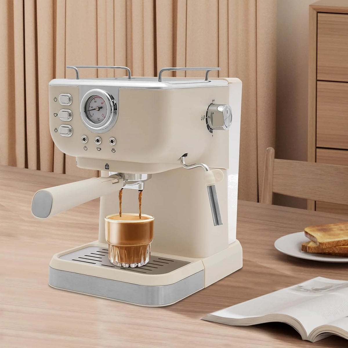 Ekspres do kawy ciśnieniowy, 1050W ekspresy do espresso, 20Bar ekspres do kawy, pojemność zbiornika na wodę 1,5L, zakres temperatur 92℃ ekspres do kawy Barista