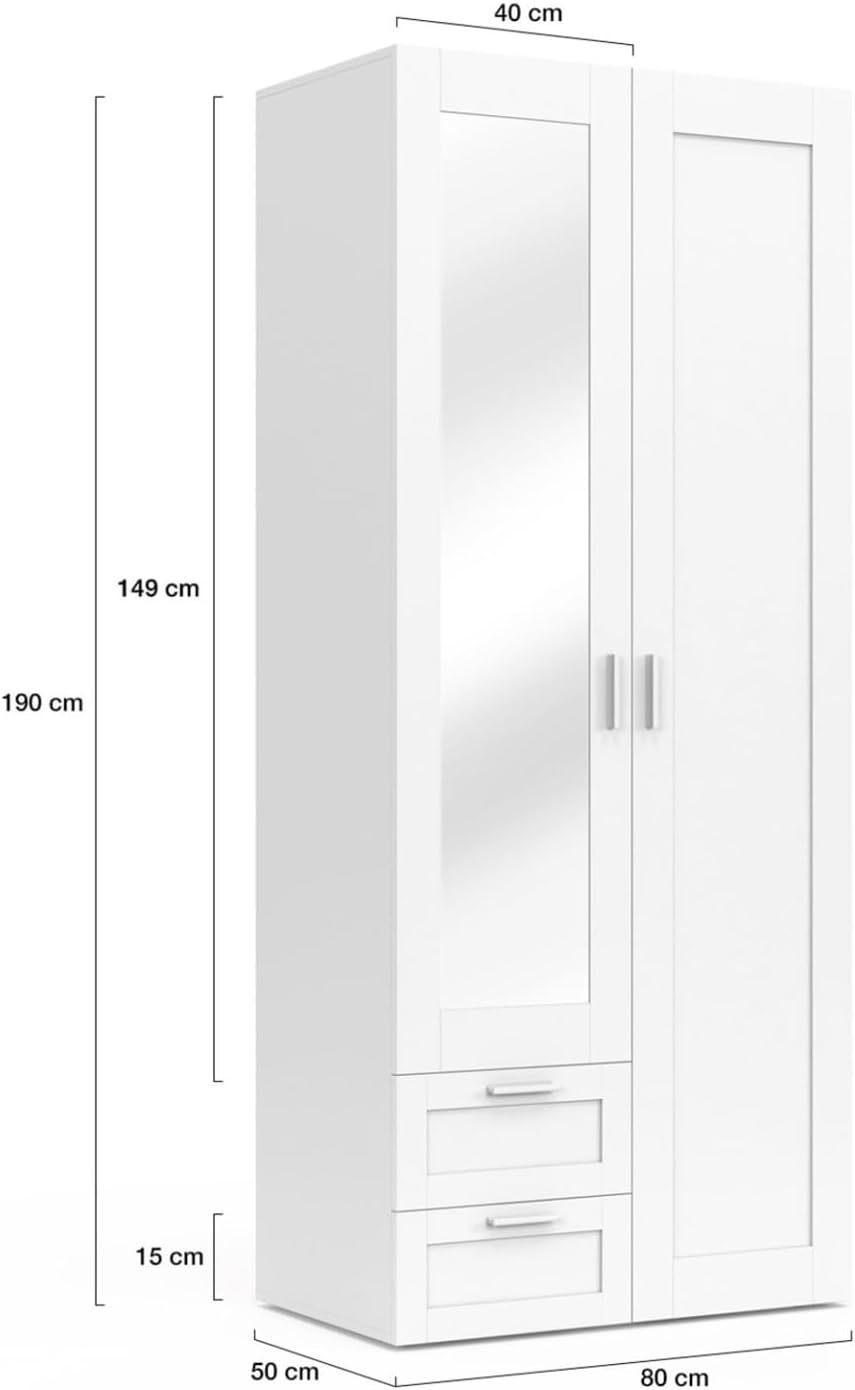 IDMarket - Armario VITO de 2 puertas blanco de 80 cm con 2 cajones, espejo y estantes