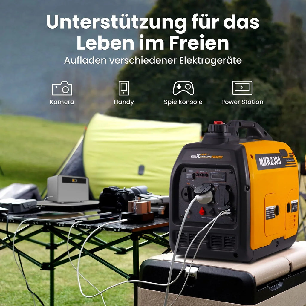 Generador inversor maXpeedingrods 2300W de gasolina, silencioso, 4 tiempos, portátil, 18,5kg, para camping, autocaravana, USB, enchufes 230V
