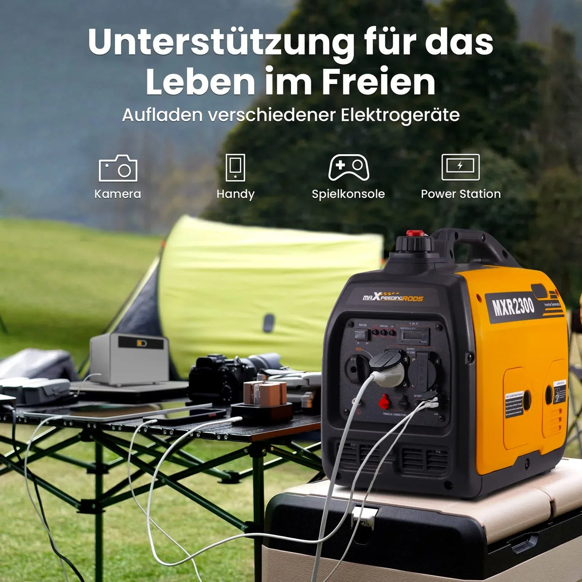 Generador inversor maXpeedingrods 2300W de gasolina, silencioso, 4 tiempos, portátil, 18,5kg, para camping, autocaravana, USB, enchufes 230V