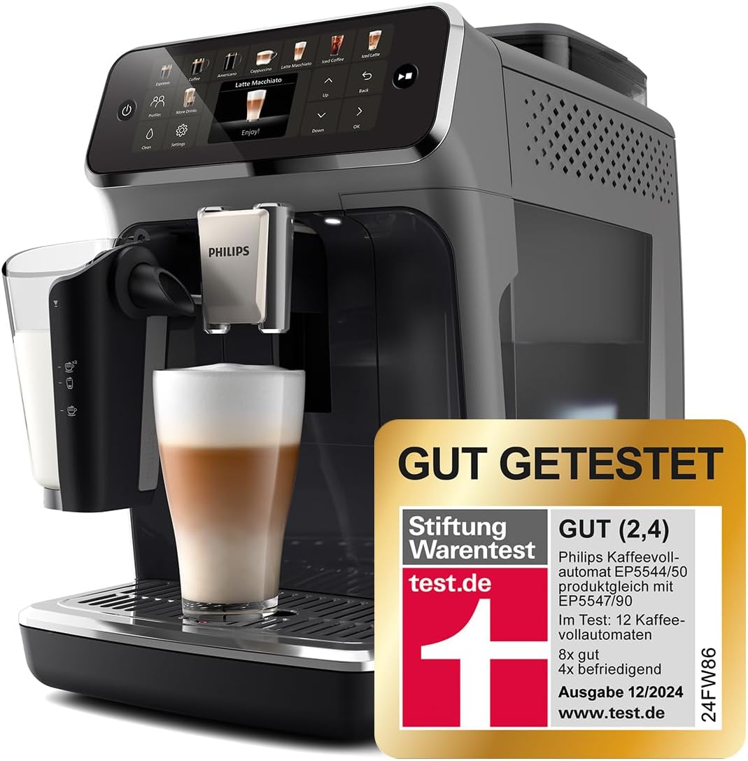 Cafetera superautomática Philips Serie 5500 – Sistema de leche LatteGo, 20 especialidades de café frías y calientes, 40% más silenciosa con SilentBrew, QuickStart, gris (EP5544/50)