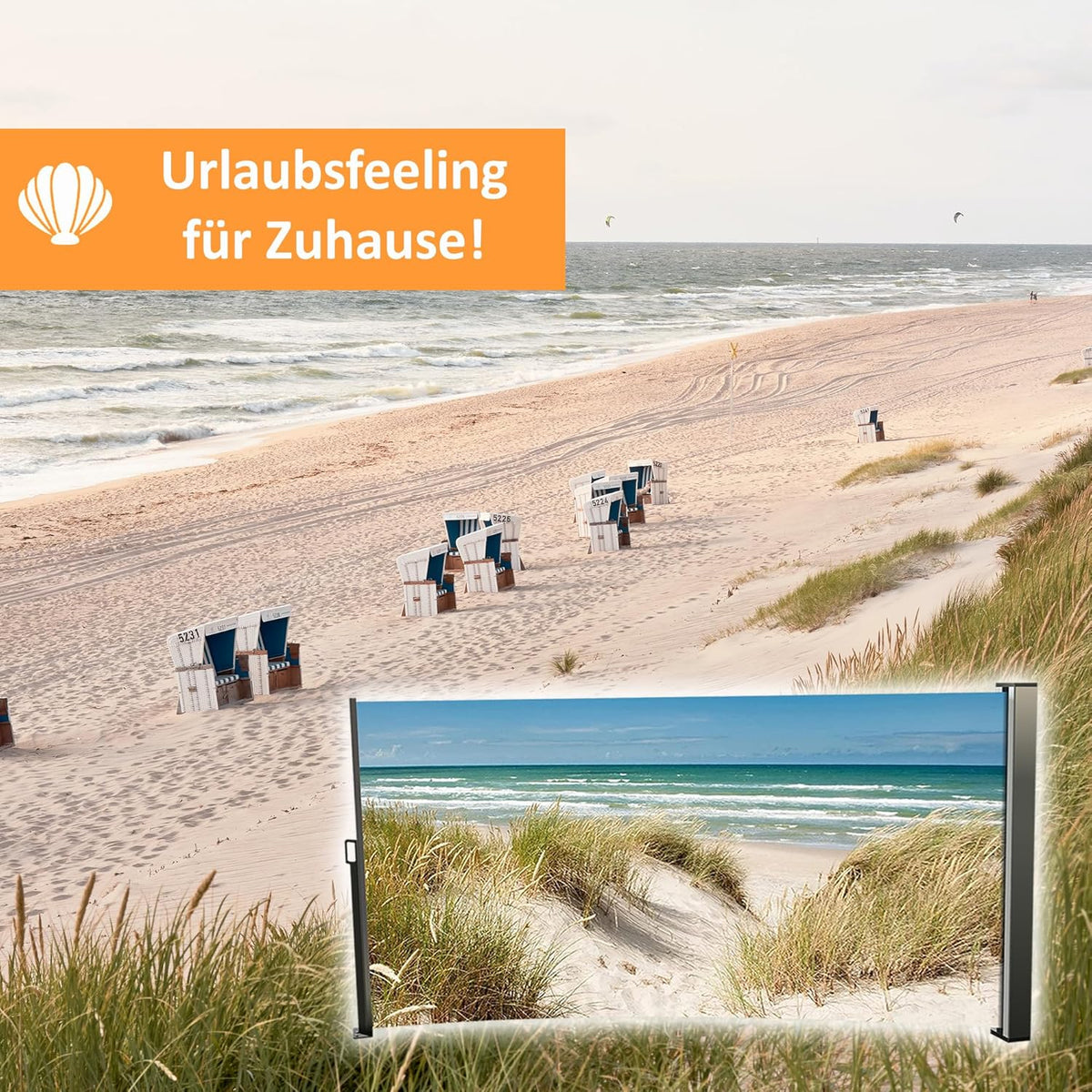 Toldo lateral pantalla de privacidad impresión fotográfica playa duna mar Báltico paraviento derecha 160x300 cm