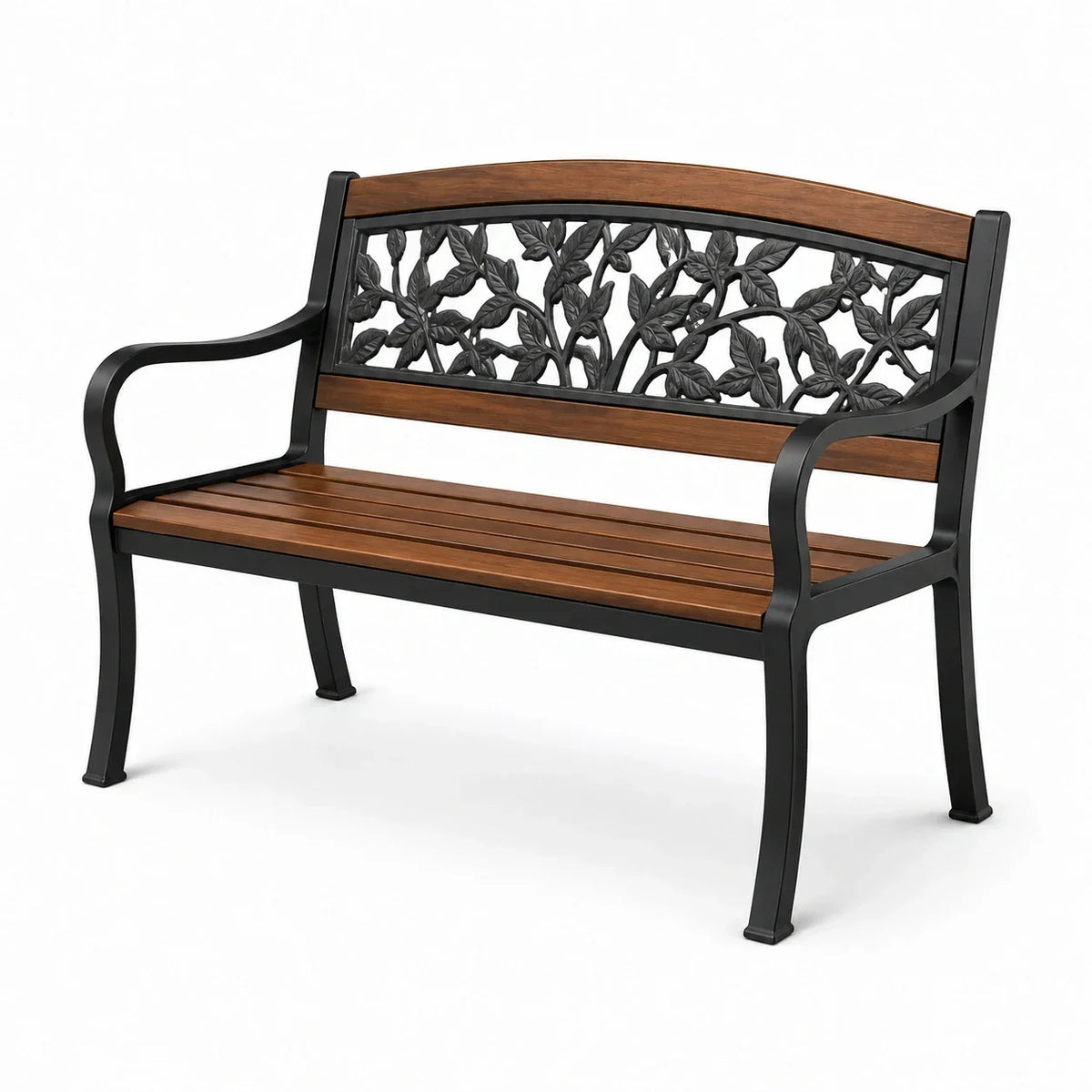 Banco de jardín de hierro fundido y madera noble con ornamentos florales
