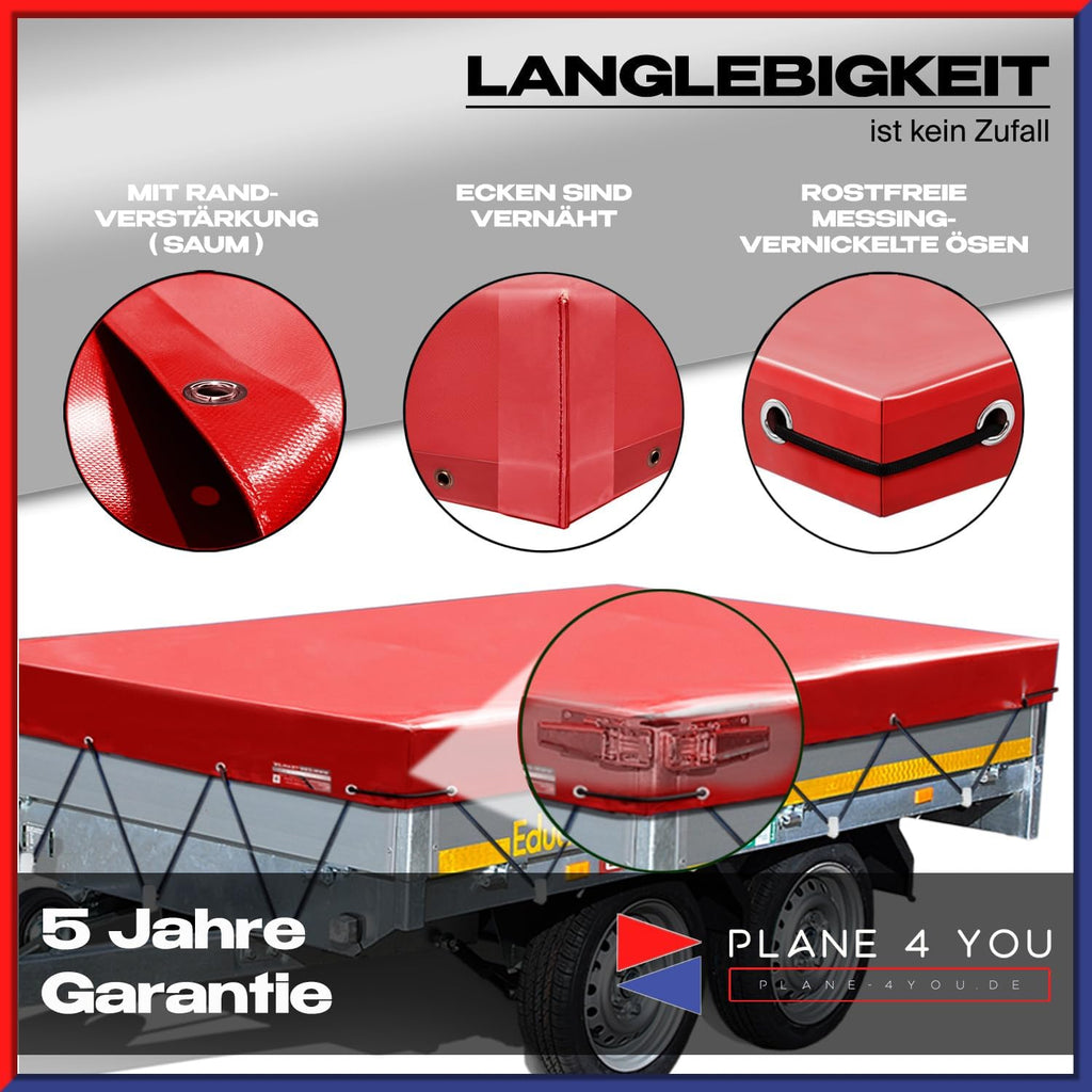 Eduard Lona para remolque de calidad superior - 506 x 220 cm - Dimensiones interiores - Lona azul lacada brillante - Lona plana para remolque de coche - Lona de PVC impermeable con accesorios