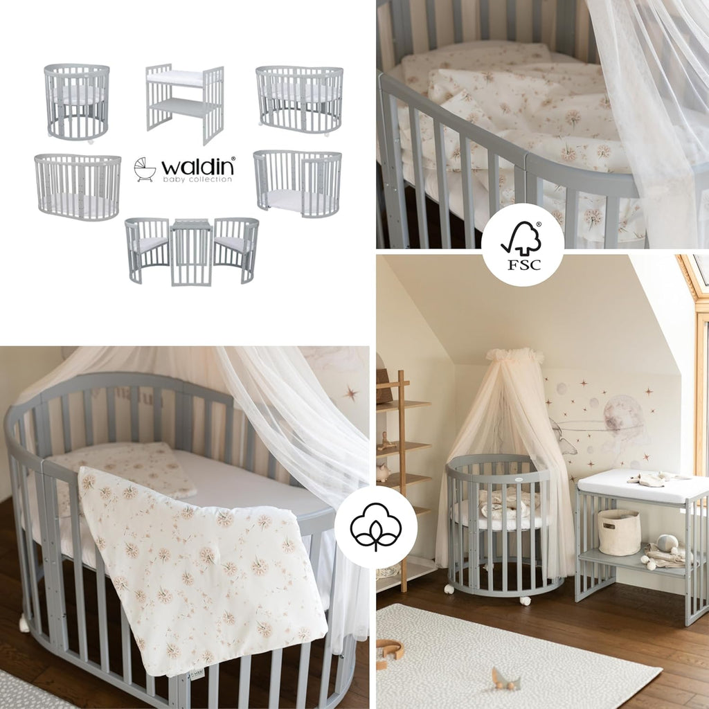 Cuna ovalada evolutiva Waldin, set completo 7 en 1, cuna de barrotes, cama infantil con colchón, cambiador, cuna colecho, madera blanca
