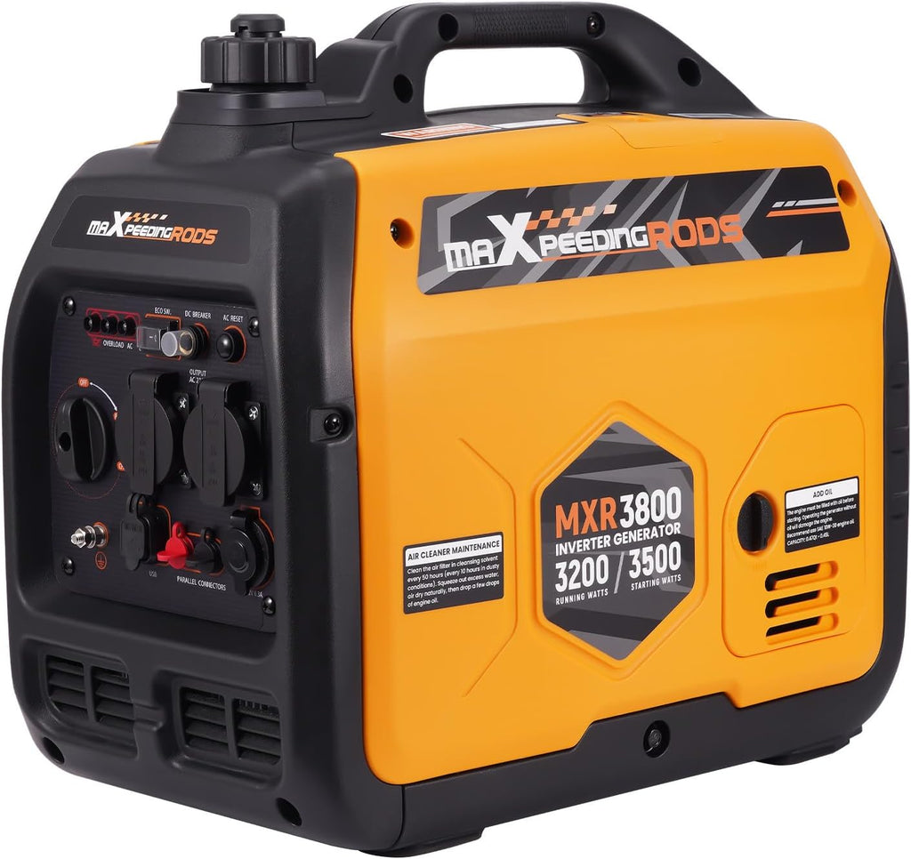 Generador inverter maXpeedingrods 3500W, super silencioso, ligero y portátil, generador de gasolina de emergencia, modo ECO con 2 enchufes de 230V / 2 USB / 1 de 12V CC para autocaravanas, camping, festivales y viajes
