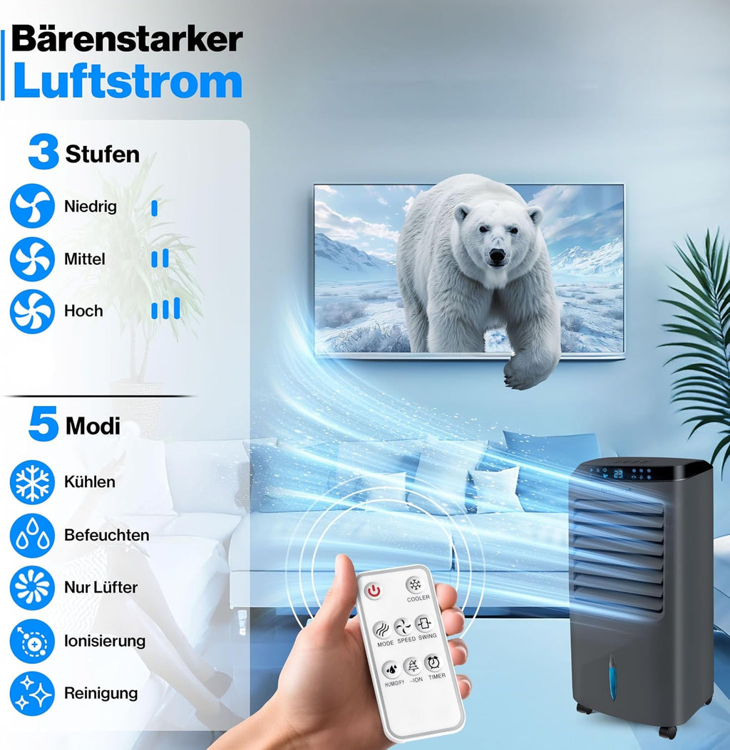 KESSER® Aire acondicionado móvil 4 en 1, enfriador de aire con mando a distancia y temporizador, depósito de agua de 10 L, ionizador y humidificador, ventilador, climatizador sin tubo de escape, 3 niveles, incluye acumuladores de frío