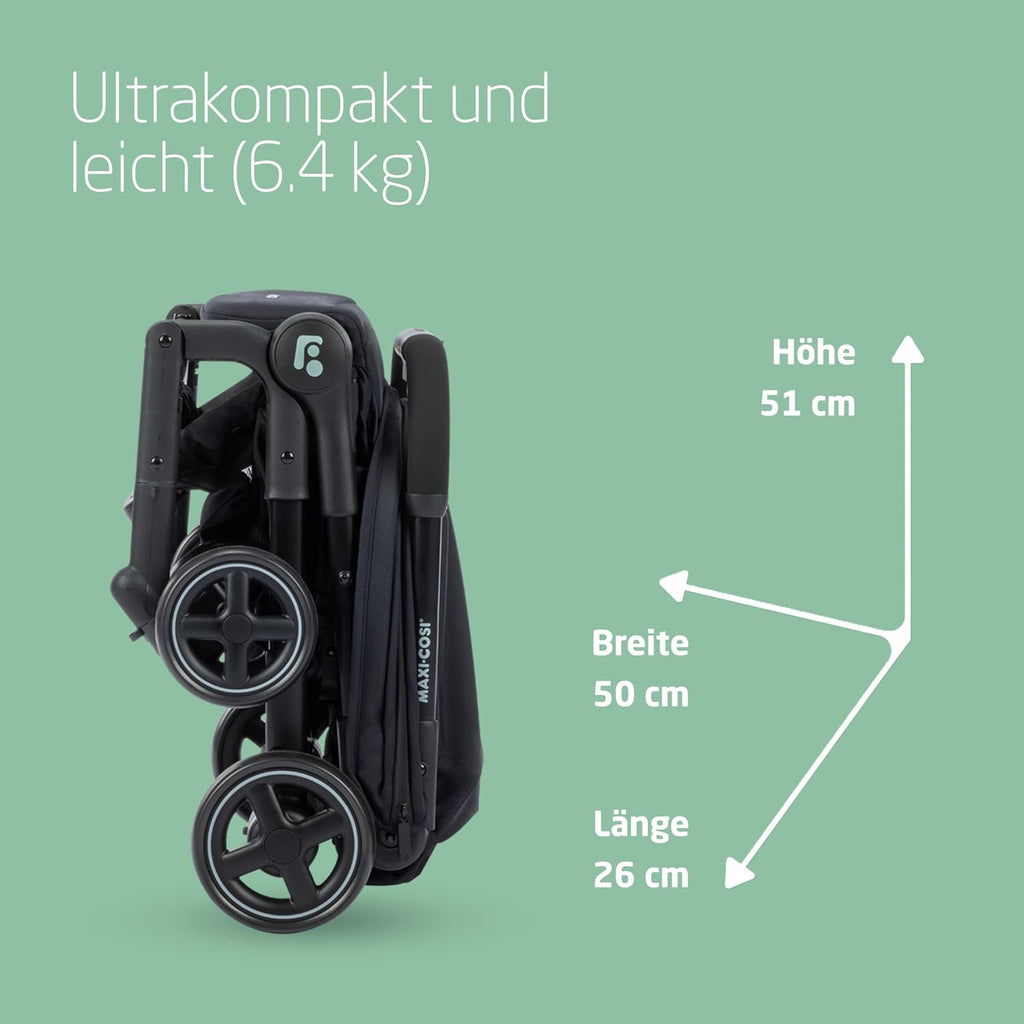 Cochecito para bebé Maxi-Cosi Lara2, 0–4 años, 0–22 kg, silla de paseo ultraligera y compacta, 3 posiciones de reclinado, posición horizontal, plegado compacto, correa para el hombro, Essential Black