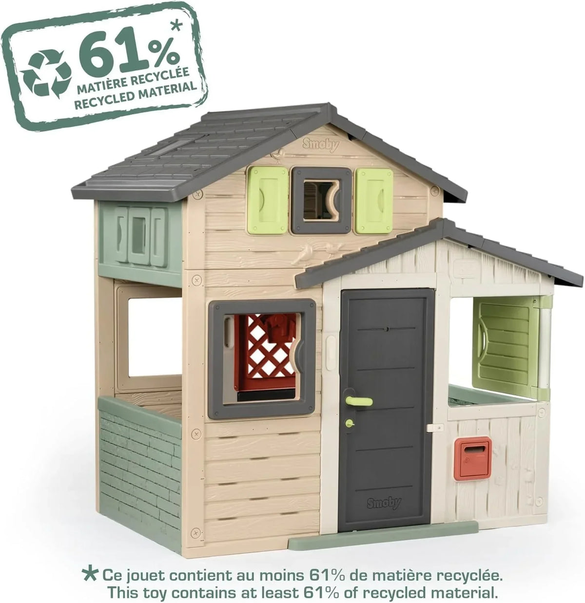 Smoby Life - Casita de juegos Friends House EVO con 2 puertas, 6 ventanas y mesa de picnic extraíble – Fabricada en material reciclado, protección UV, para niños a partir de 3 años (7600810208)