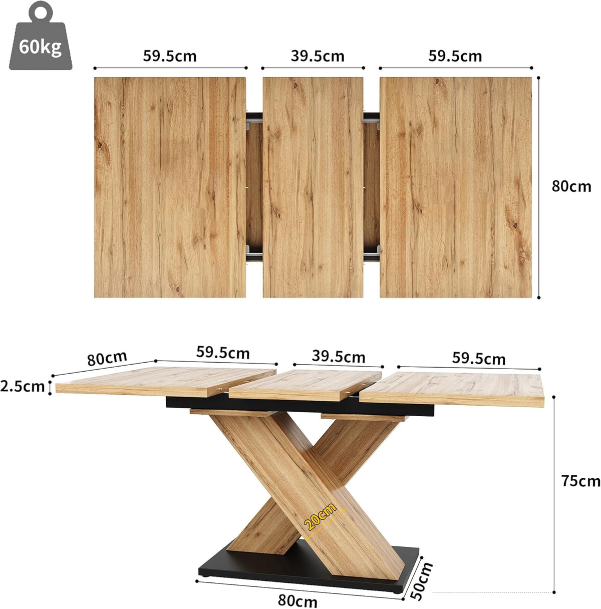 Mesa de comedor extensible con patas en forma de X para 4-6 personas, mesa de cocina y comedor con tablero de madera veteada, mesa de comedor extensible, 119-158.8x80x75 cm, color madera