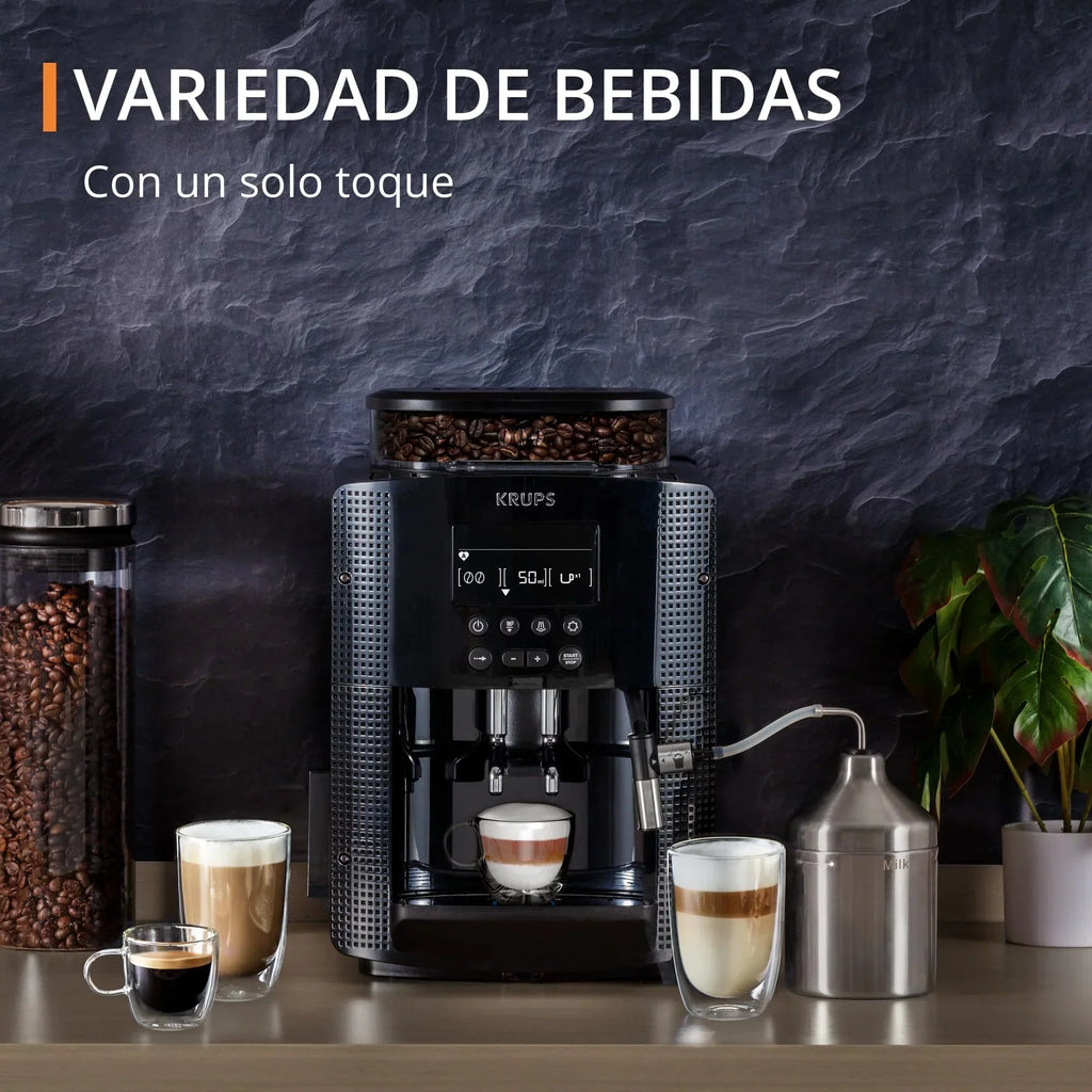 2025 Krups Essential - Cafetera superautomática, 15 bares de presión, molinillo cónico de metal, con selección de cantidad e intensidad de café, 1,7 l, 1 taza, acero, pantalla LCD + accesorios para leche