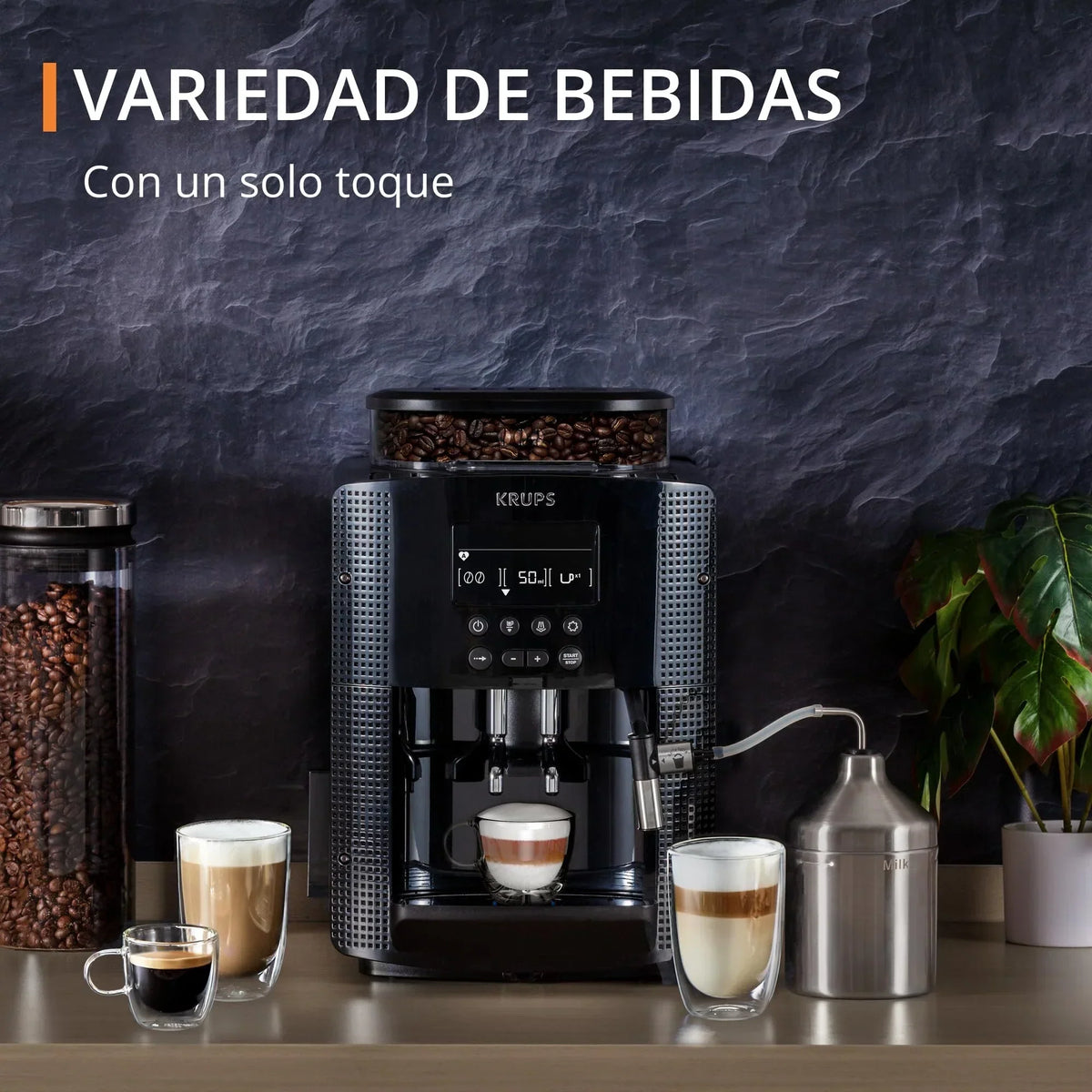 2025 Krups Essential - Cafetera superautomática, 15 bares de presión, molinillo cónico de metal, con selección de cantidad e intensidad de café, 1,7 l, 1 taza, acero, pantalla LCD + accesorios para leche