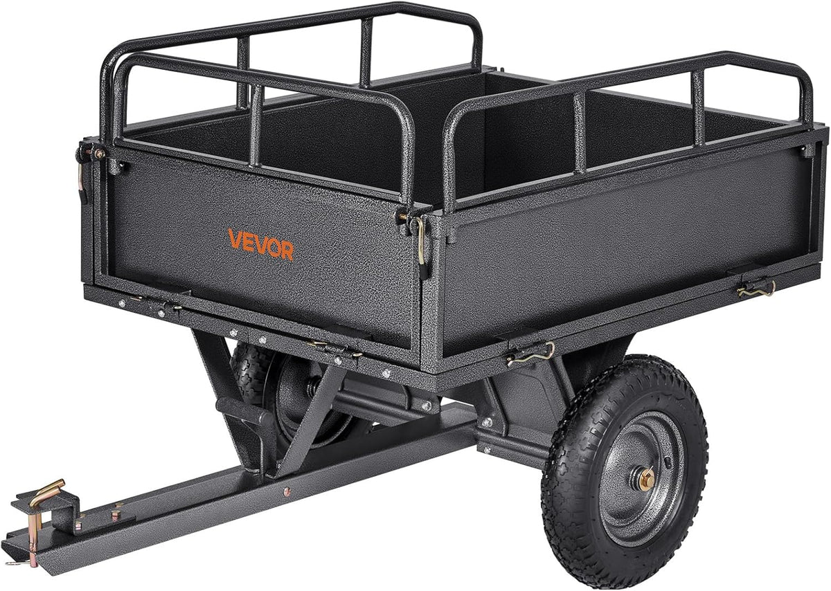 VEVOR Remolque Basculante, 283 L, Remolque de Jardín de Acero para Tractor Cortacésped, Capacidad de Carga 226,8 kg, con Neumáticos de 35,56 cm, Carrito de Transporte con Volquete para ATV, UTV