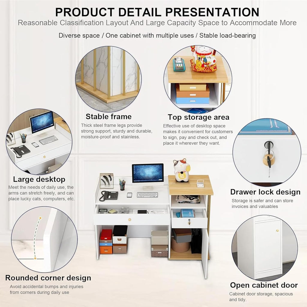 Mostrador de recepción para consulta, mostrador de recepción, mostrador de bienvenida, mesa de recepción con zona de trabajo alta y baja para supermercado, hotel, salón de belleza, tienda de ropa, cajero, ancho 140 cm