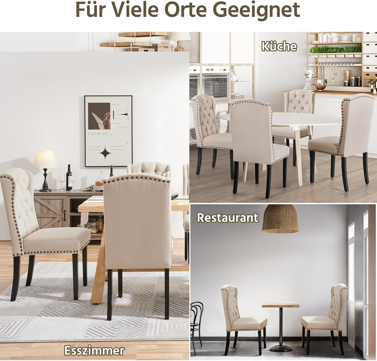 Yaheetech Juego de 2 sillas de cocina con respaldo en forma de ala, silla tapizada de comedor con capacidad de carga de hasta 140 kg para comedor/cocina/sala de estar/dormitorio, beige