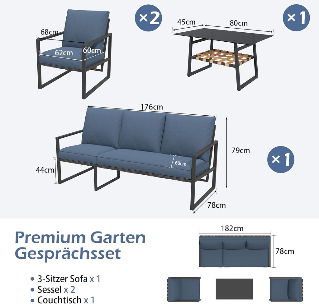 YODOLLA Juego de muebles de jardín, conjunto de 4 piezas para 4-5 personas, muebles de balcón con respaldos de ratán sintético, sofá de 3 plazas y 2 sillones con mesa de centro para jardín, azul oscuro