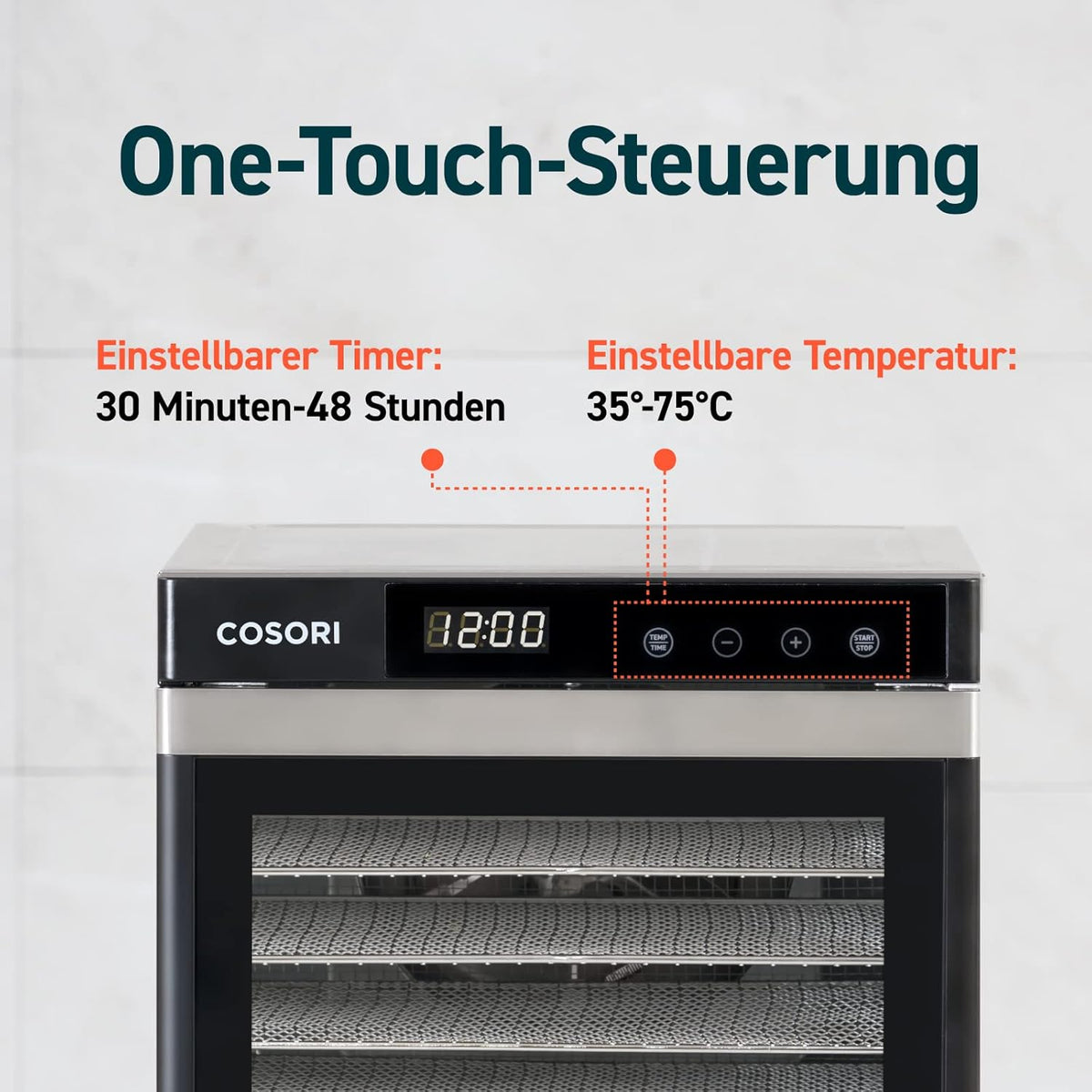 Deshidratador de alimentos COSORI de acero inoxidable, con 50 recetas, incluye 6 bandejas de acero inoxidable, 3 rejillas de secado, 3 láminas para deshidratar, gran superficie de 0,6 m², temporizador de 48 horas, pantalla LED (35°-75°C) y 650 W