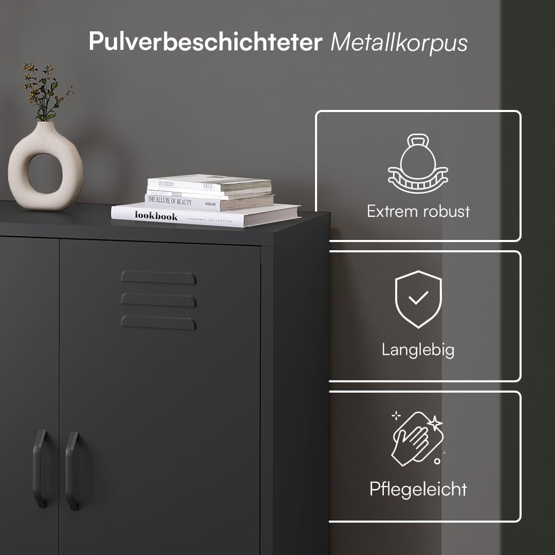 Cómoda de metal Atria de skølm – Aparador en negro – Armario metálico con 3 compartimentos y puertas dobles – Armario multiusos con estantes flexibles – Highboard estilo industrial – Armario de almacenaje/mueble recibidor