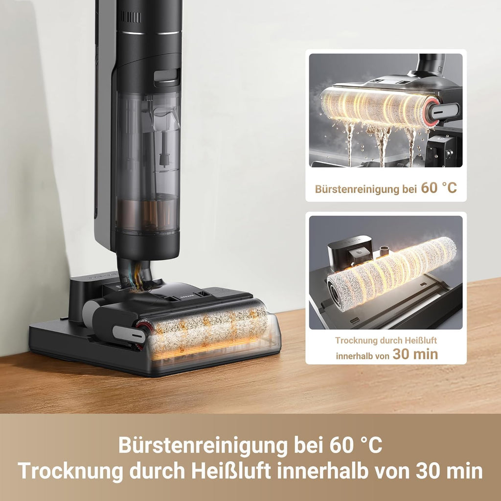 Aspiradora en seco y húmedo DREAME H12 Pro Ultra, limpieza de cepillo a 60 °C, secado con aire caliente de 30 min, autolimpieza con rascador fijo, potencia de succión de 16.000 Pa, limpieza de doble borde, detección y ajuste inteligentes