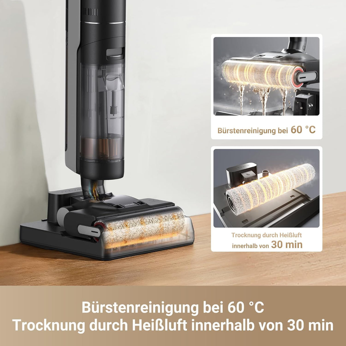 Aspiradora en seco y húmedo DREAME H12 Pro Ultra, limpieza de cepillo a 60 °C, secado con aire caliente de 30 min, autolimpieza con rascador fijo, potencia de succión de 16.000 Pa, limpieza de doble borde, detección y ajuste inteligentes