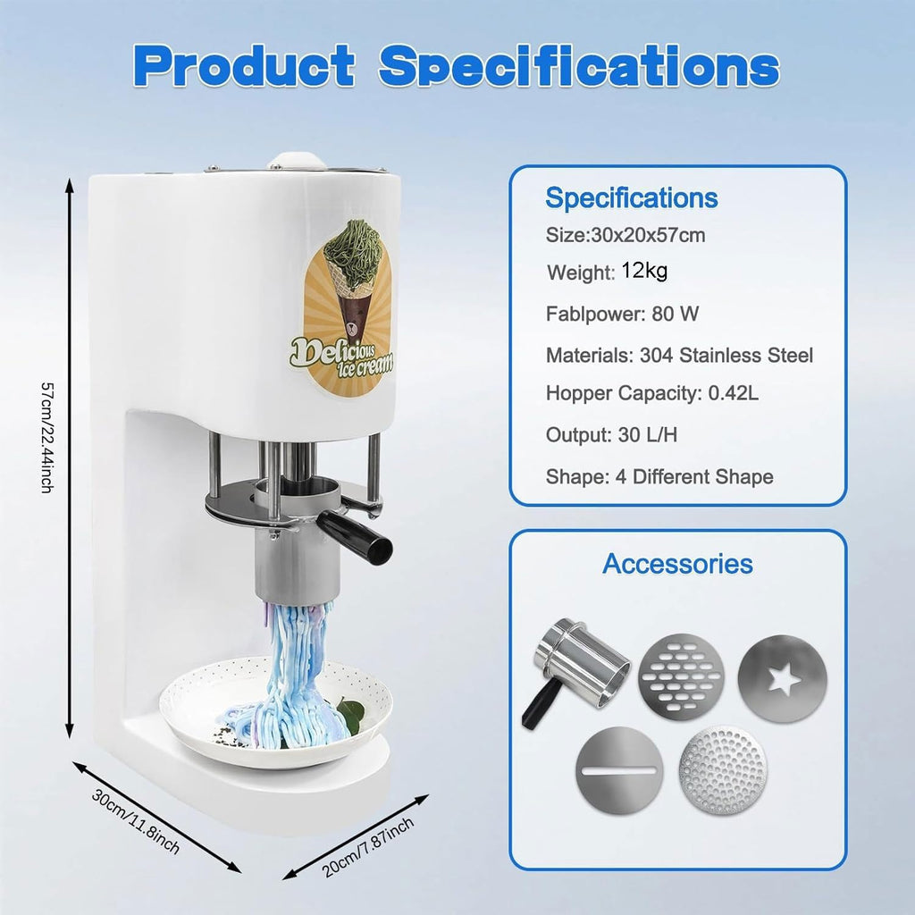 Máquina comercial de helado tipo espagueti, 28–30 l/h, máquina profesional de fideos de helado con 4 moldes diferentes, para catering y heladerías (rojo)