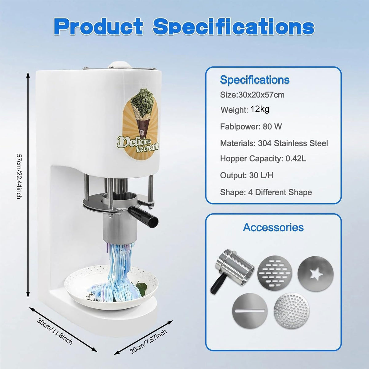 Máquina comercial de helado tipo espagueti, 28–30 l/h, máquina profesional de fideos de helado con 4 moldes diferentes, para catering y heladerías (rojo)
