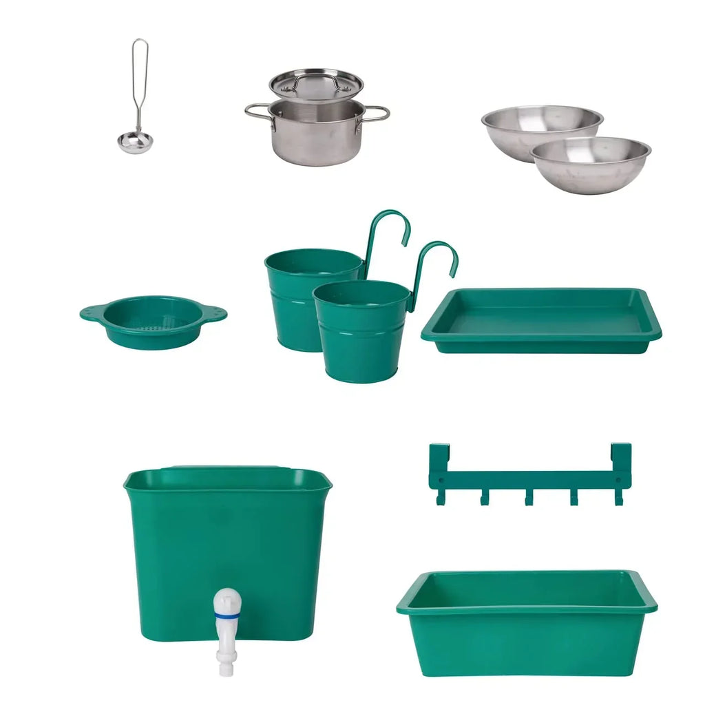 Cocina de juguete para exteriores E3193 de madera de pino para niños a partir de 3 años con fogones, horno, fregadero, depósito de agua y accesorios de cocina