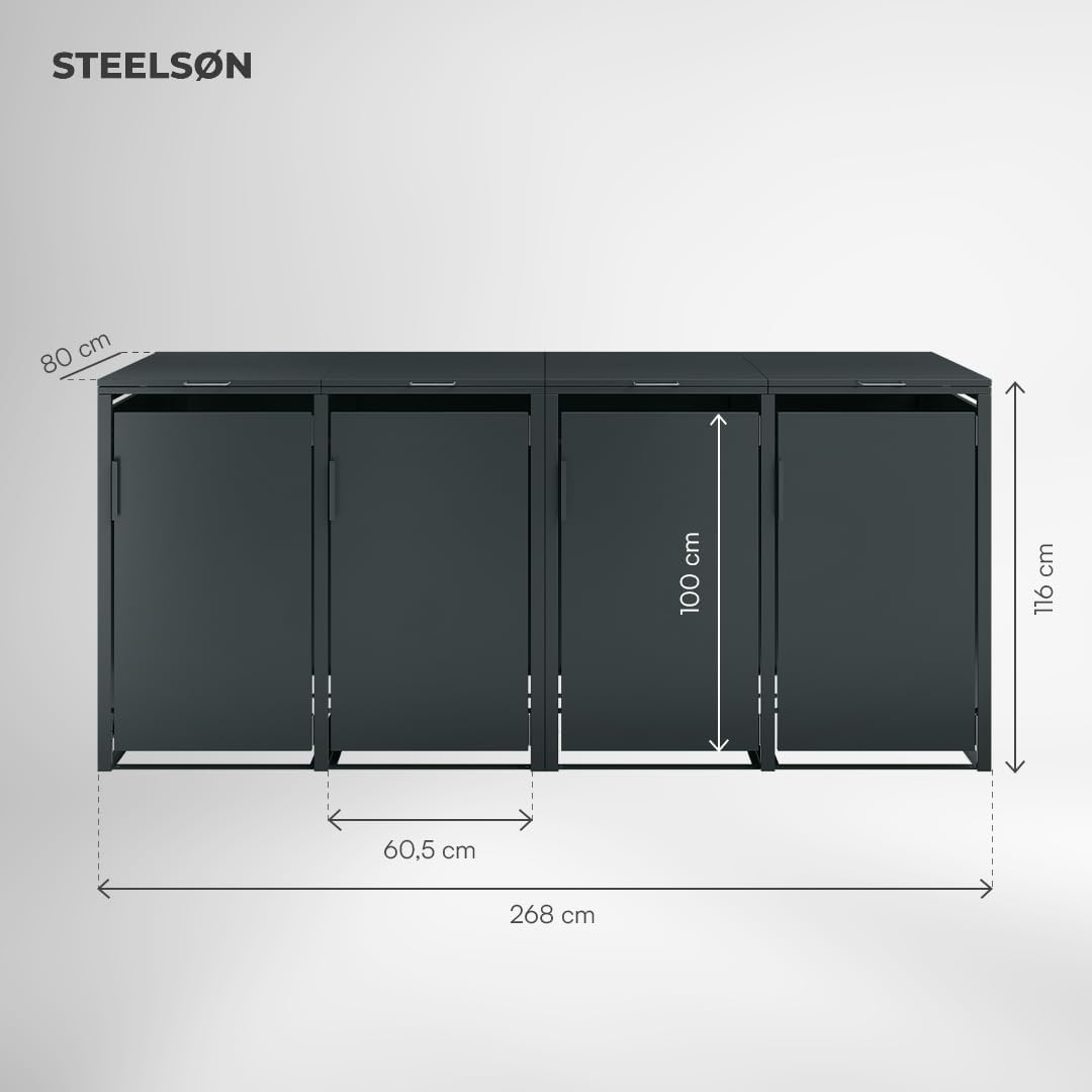 STEELSØN Thoria Mülltonnenbox 4er bis 240L – Mülltonnenverkleidung aus Stahl in Anthrazit – hochwertige Müllcontainer für 4 Tonnen – Müllbox wetterfest – UV-beständige Gerätebox/Mülltonnen Box