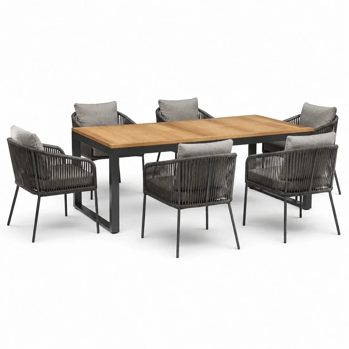 Conjunto de comedor para jardín con 6 sillas, aluminio, teca, acero, gris
