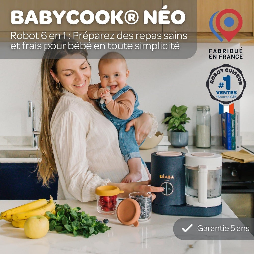 BÉABA - Babycook Néo - Robot para bebés hecho en Francia - Batidora-Cocedor - Bol de cristal y cubeta de acero inoxidable - Diversificación alimentaria - Potitos caseros para bebés - Cocción al vapor suave y rápida - Azul noche