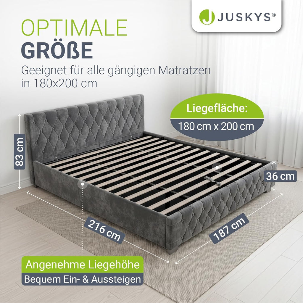 Cama tapizada Juskys Nizza 180x200 cm con colchón, estructura de cama con somier, almacenamiento e iluminación LED, tapizado de terciopelo, acolchado Chesterfield, gris