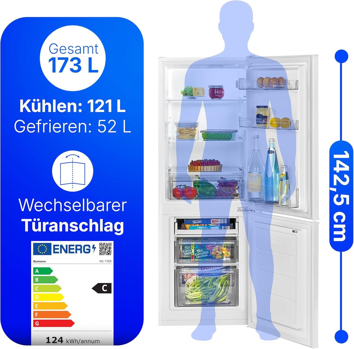 Bomann, KG7359 Frigorífico y Congelador 173L Blanco - 121L Frigorífico, 52L Congelador 4 Estrellas, Iluminación LED, Alarma de Puerta Abierta, Cajón para Verduras, 3 Estantes de Cristal, Ahorro de Energía