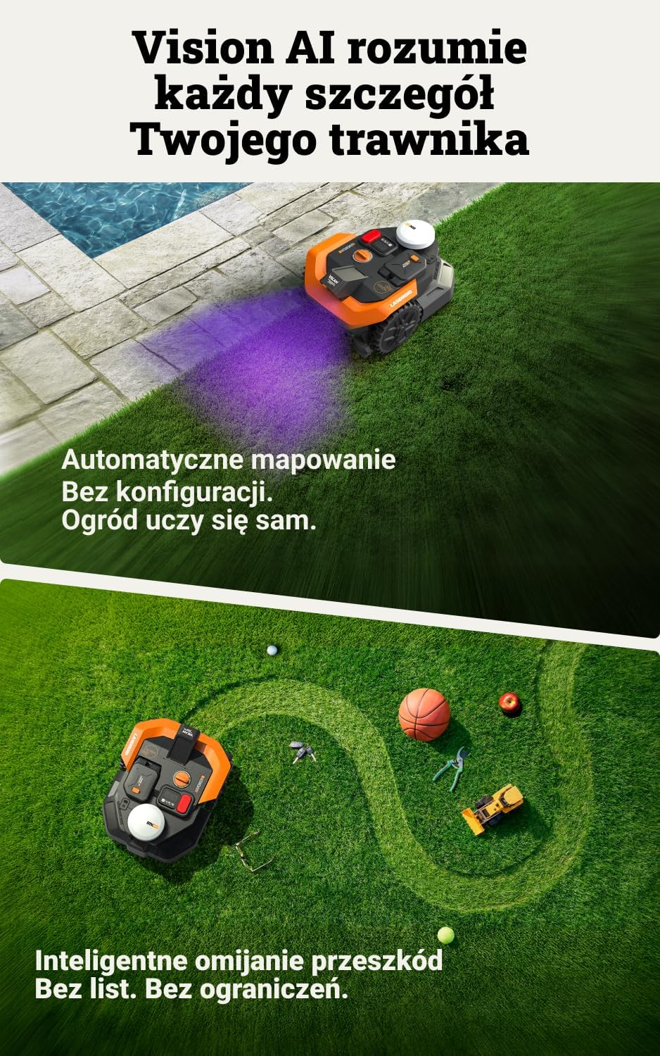WORX Landroid Vision Cloud WR305E 2WD robot koszący bez kabla ograniczającego do 500 m² (wykrywanie przeszkód AI, nawigacja VSLAM+ RTK Cloud, automatyczne mapowanie, sterowanie za pomocą aplikacji)