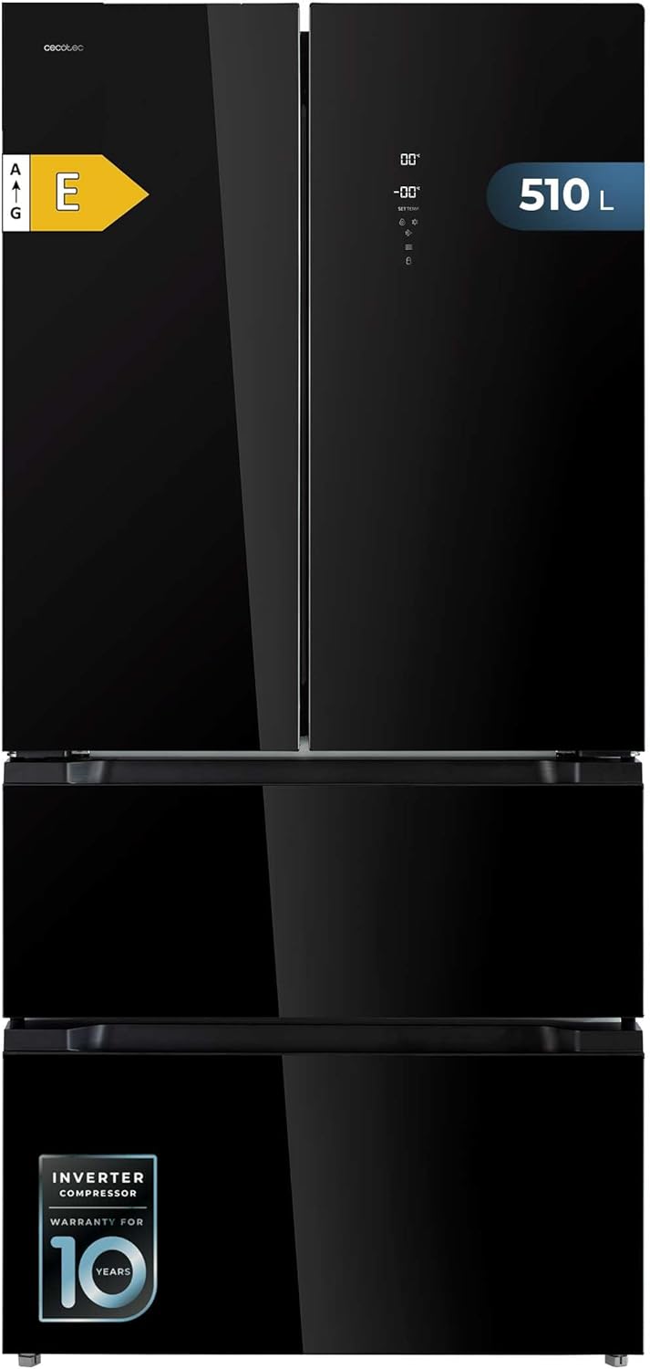 Frigorífico Cecotec French Door de cristal 510 L Bolero CoolMarket FD 510 Glass E. 183 cm de alto, 84 cm de ancho, motor Inverter Plus, refrigeración y congelación rápida, MultiAirFlow, Total NoFrost