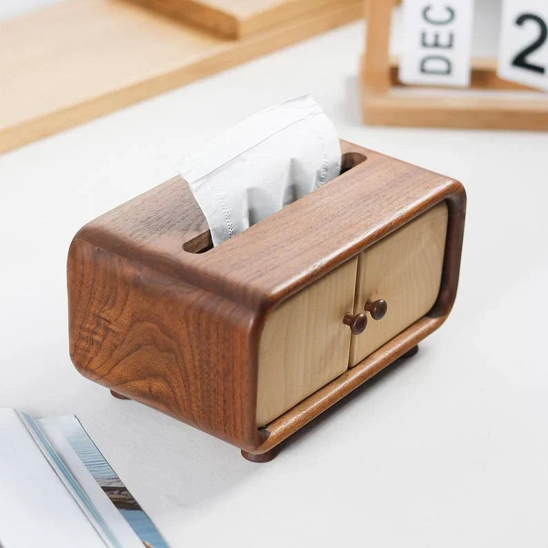 Mini caja de pañuelos de madera con diseño de armario, nogal, compacta