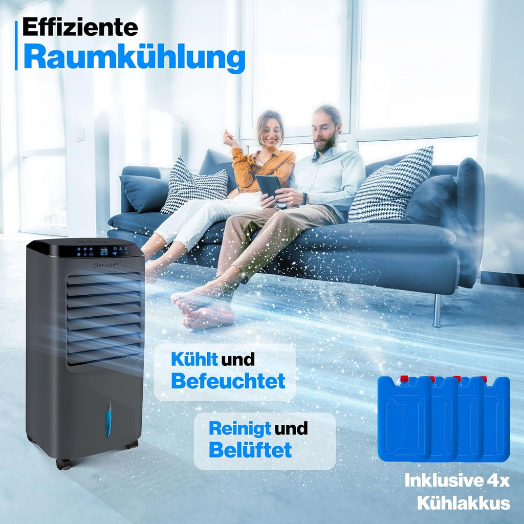 KESSER® Aire acondicionado móvil 4 en 1, enfriador de aire con mando a distancia y temporizador, depósito de agua de 10 L, ionizador y humidificador, ventilador, climatizador sin tubo de escape, 3 niveles, incluye acumuladores de frío