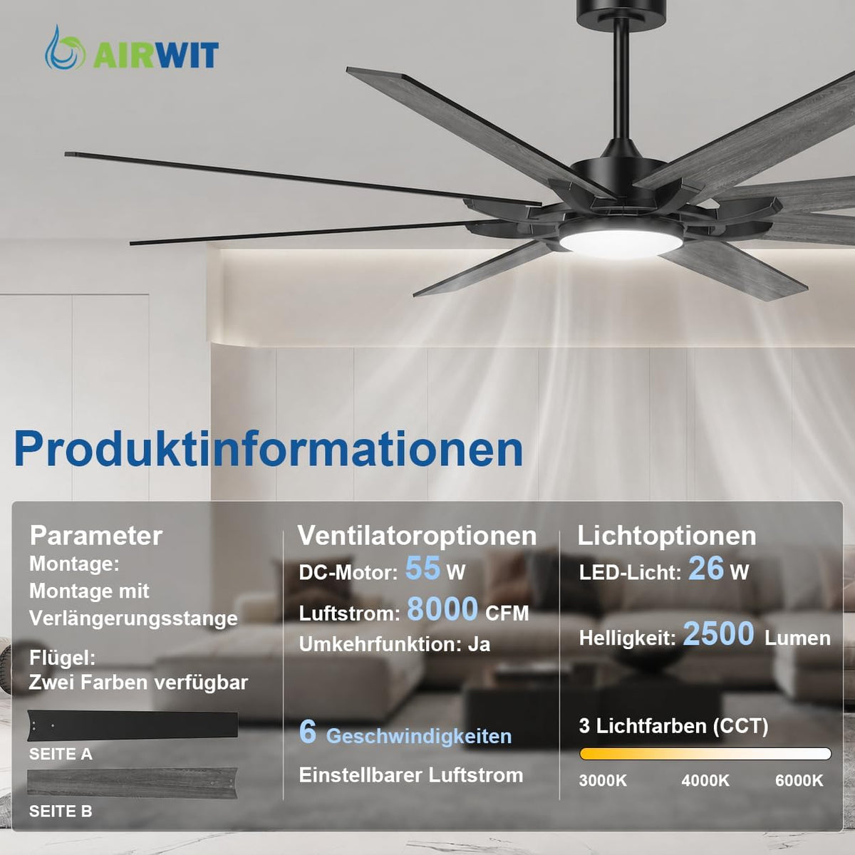 Ventilador de techo Airwit de 183 cm con luz, extra grande, de madera compuesta para exteriores, silencioso, con mando a distancia, lámpara con ventilador para terraza, industrial, habitaciones grandes