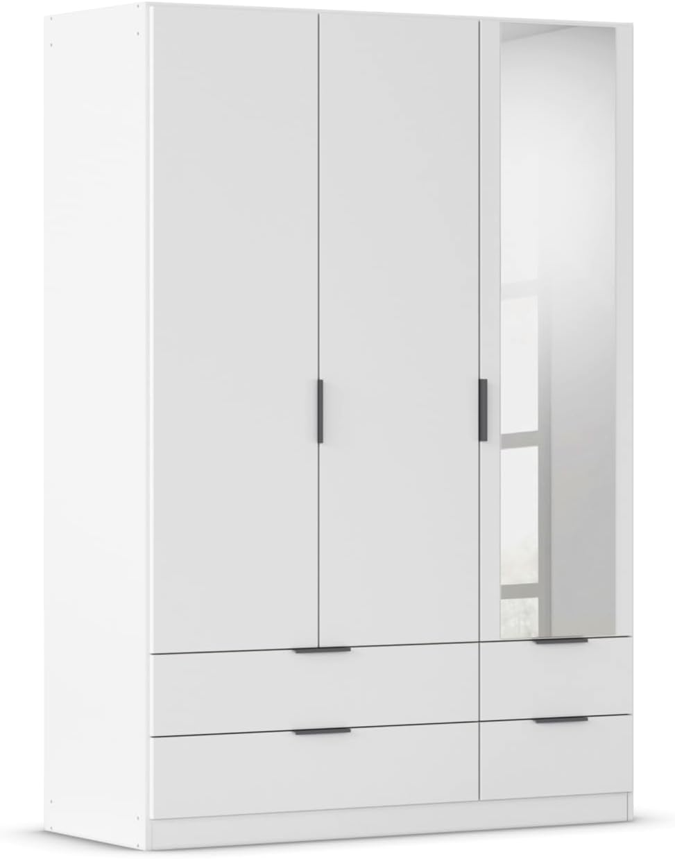 Rauch Möbel Lagoa, armario, ropero para dormitorio, habitación infantil, habitación juvenil de 3 puertas con espejo, 4 cajones, con accesorios Basic, color blanco, ancho 136 cm